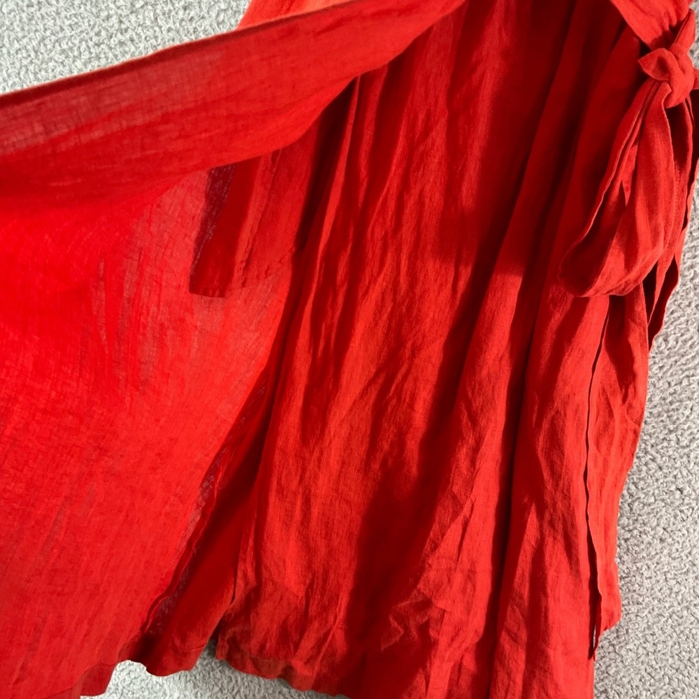 Grae Cove Linen Wrap Dress Women Large Orange Red Midi Short Sleeve V-Neck Boho - Picture 3 of 8